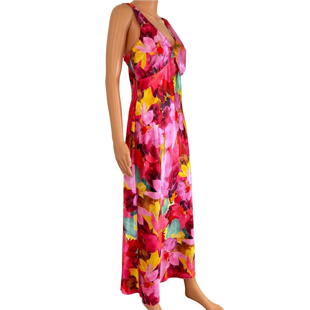 Bebe Pink Floral Watercolor Satin Maxi Dress Sleeveless V-Neck 703763P Size S - Picture 8 of 13